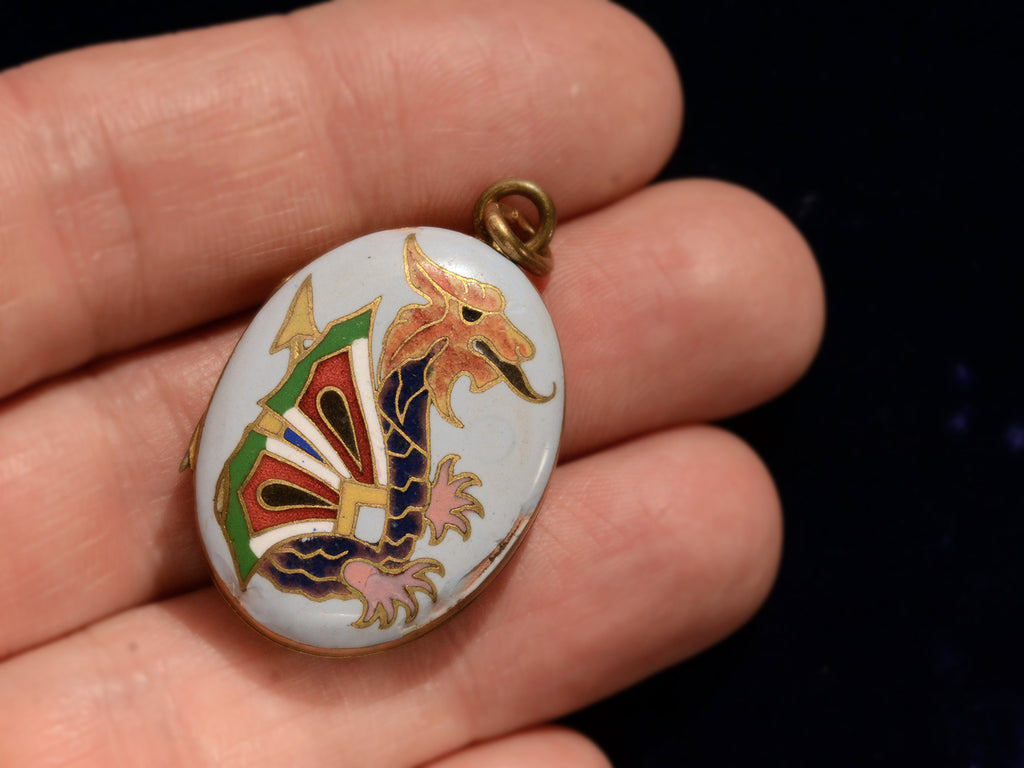 c1900 Cloisonne Dragon Locket (on hand for scale)