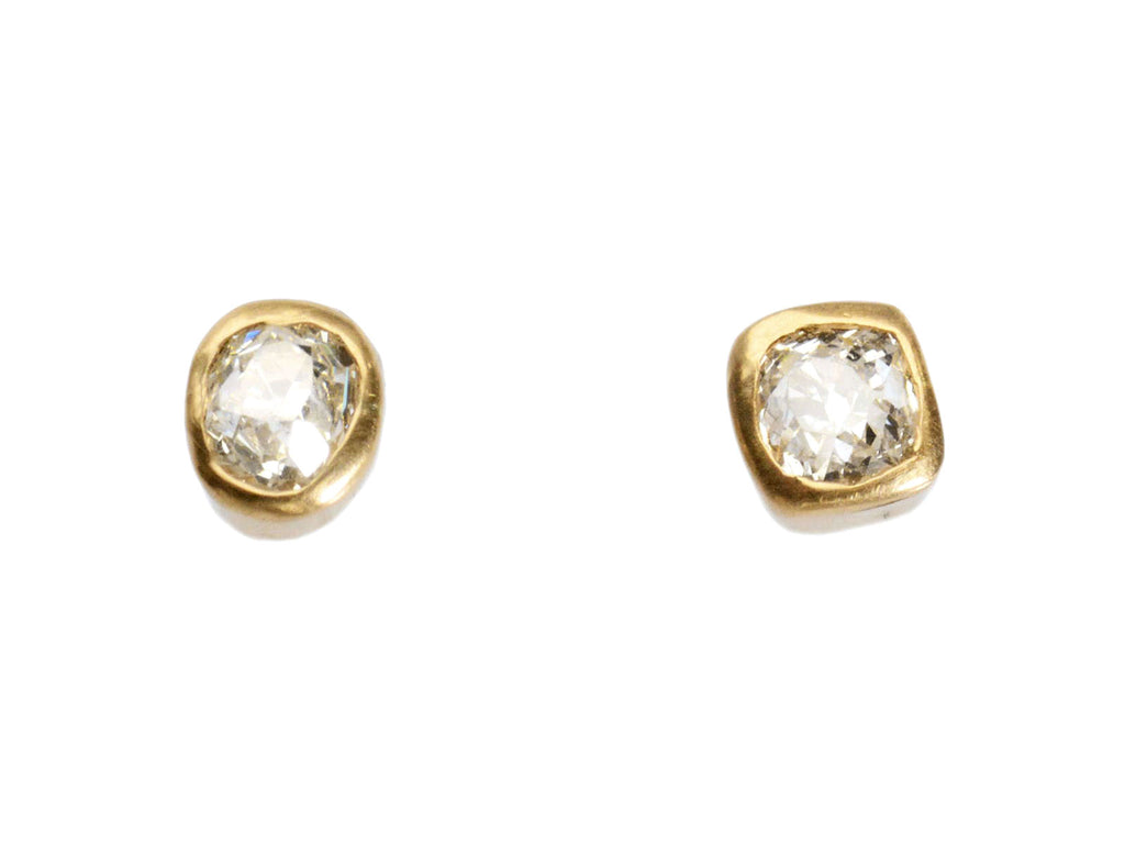 EB Stud Earrings with Old Mine Cut Diamonds Set in 22K Yellow Gold Bezels (shown on white background)