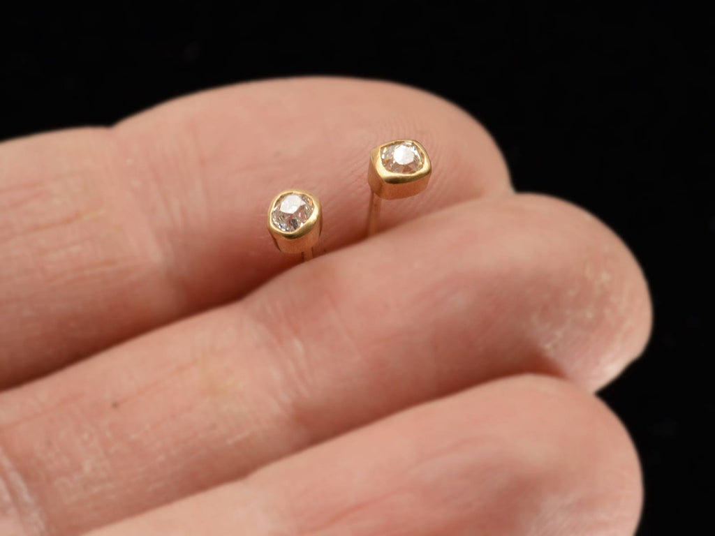 EB 0.41ctw Old Mine Studs in 22K Yellow Gold Bezels (shown on hand for scale)