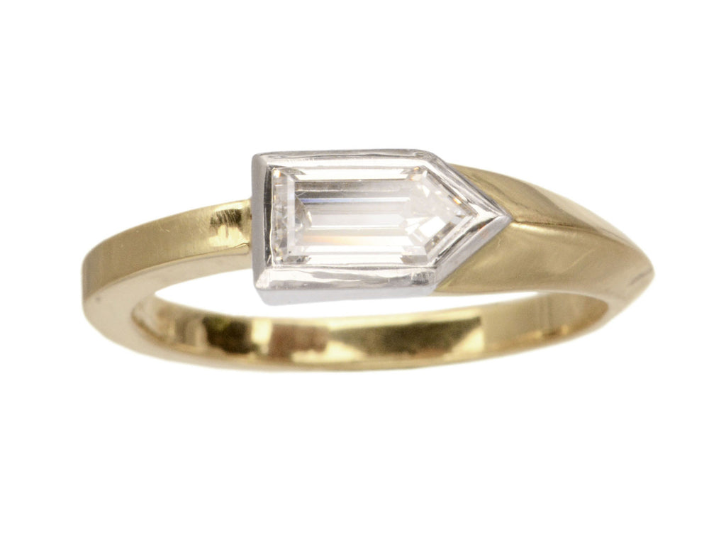EB Pentagonal Diamond Ring with Platinum Bezel and Asymmetrical 18K Yellow Gold Shank (shown on white background)