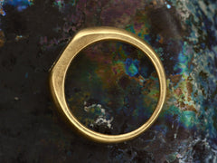 thumbnail of Side profile view of EB Modern engagement ring with elongated emerald cut diamond flush set in a rounded 22k yellow gold mounting, on dark background.