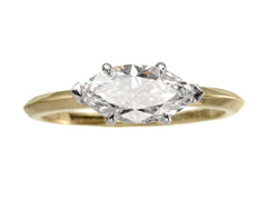 thumbnail of Front view of EB Modern engagement ring solitaire with marquise diamond set in platinum prongs with an 18K yellow gold knife edge shank, shown on white background.