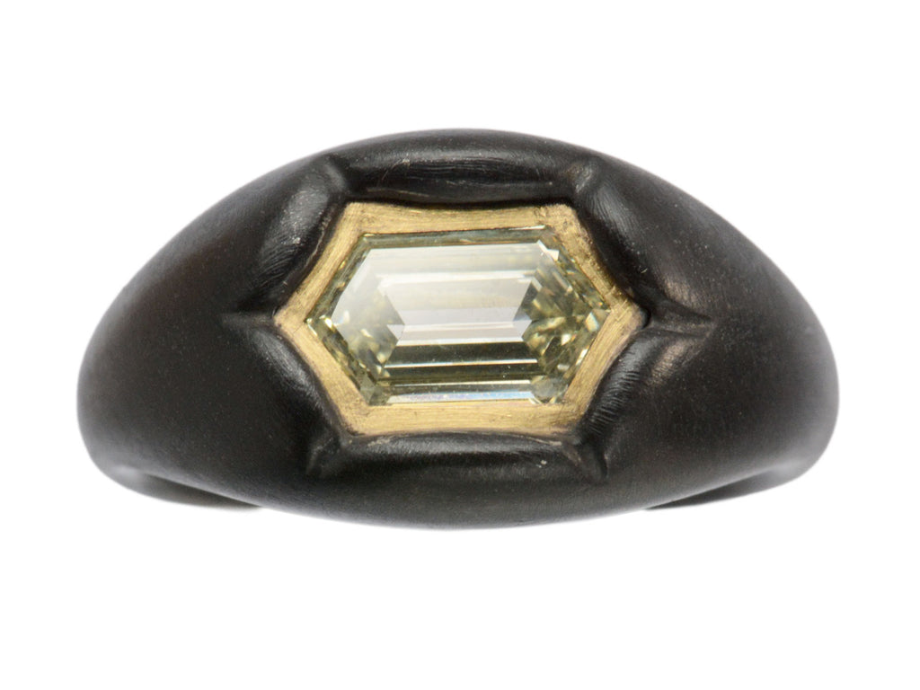 Front view of EB Modern hexagonal light yellow diamond set in yellow gold bezel sunken into pillowy blackened silver mounting (shown on white background)