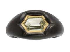 thumbnail of Front view of EB Modern hexagonal light yellow diamond set in yellow gold bezel sunken into pillowy blackened silver mounting (shown on white background)