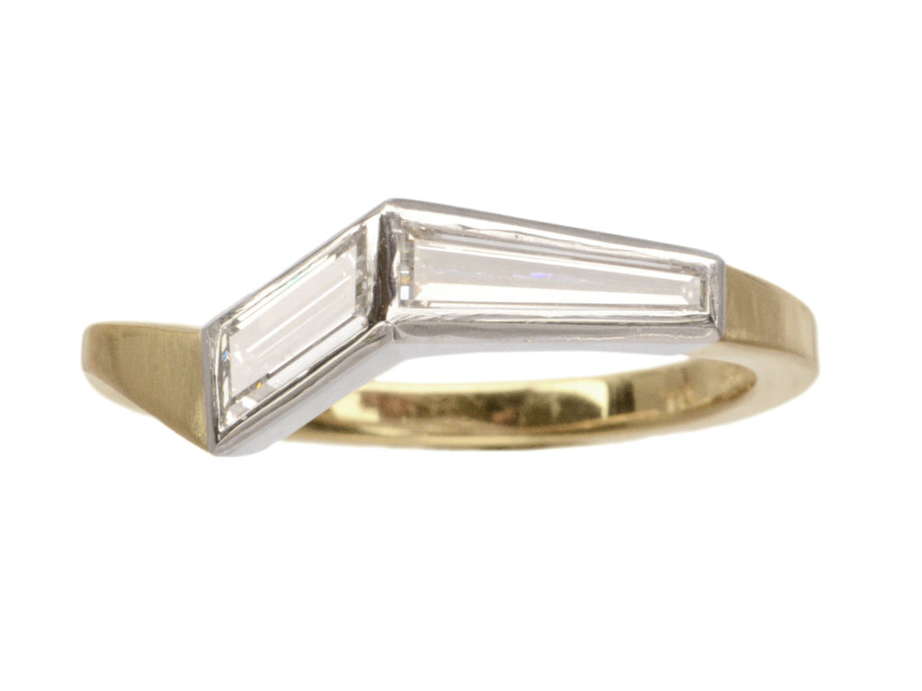 EB Modern ring with two step cut diamonds in an angular formation in a platinum and yellow gold mounting. Shown on white background.