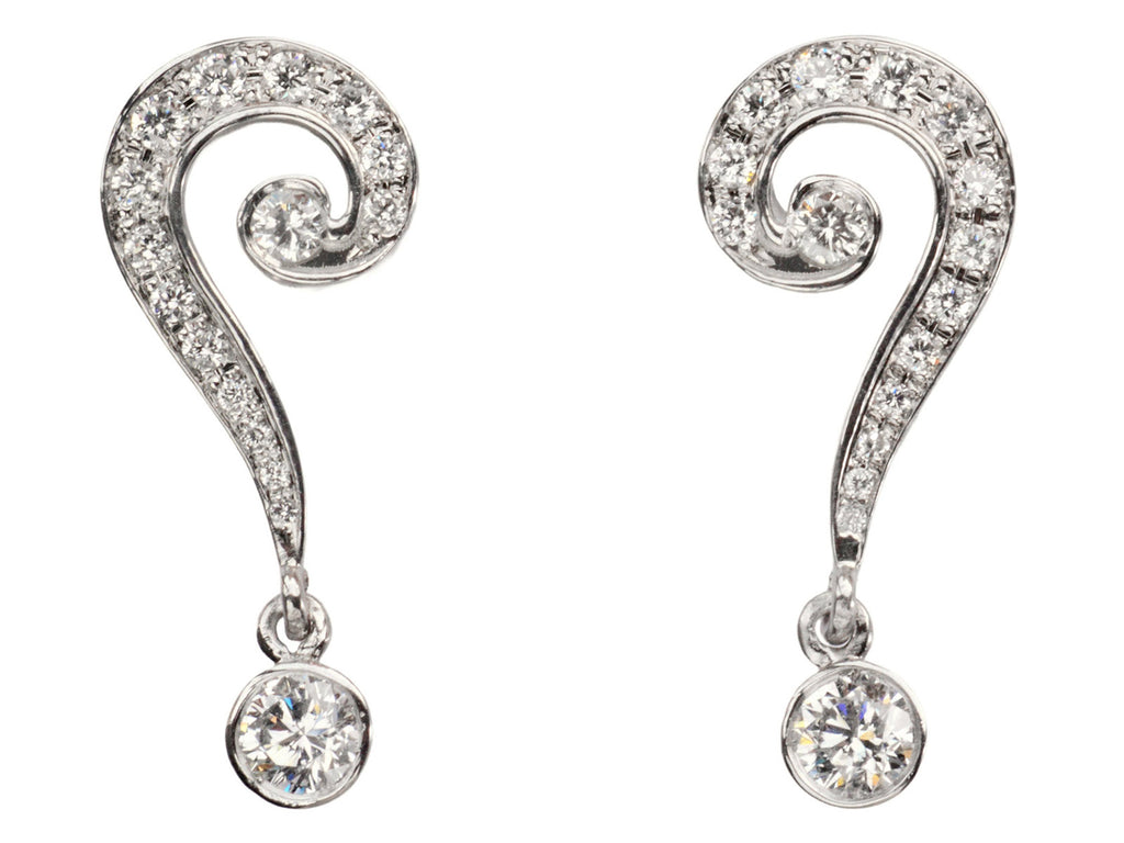 EB Question Mark Stud Earrings with brilliant cut diamonds set in platinum, shown on white background.