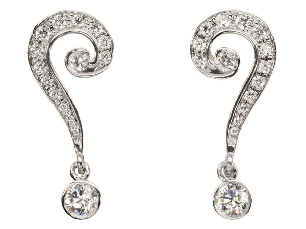 EB Question Mark Stud Earrings with brilliant cut diamonds set in platinum, shown on white background.