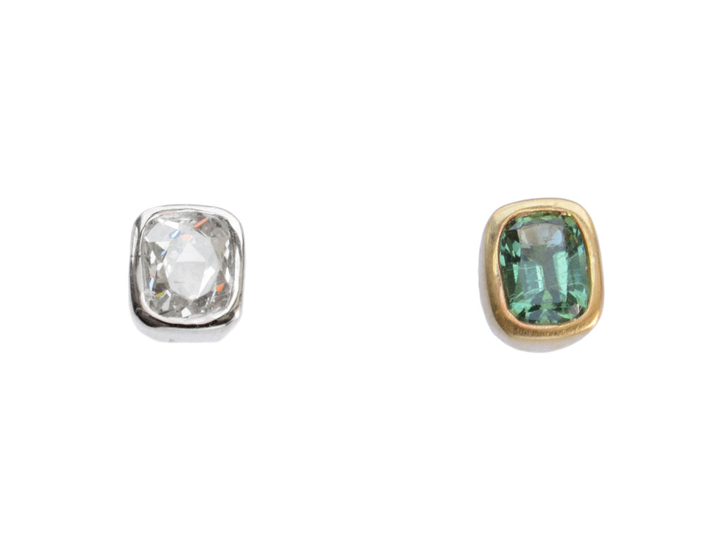  Mismatched EB Modern Diamond and Green Sapphire Stud Earrings (shown on white background)