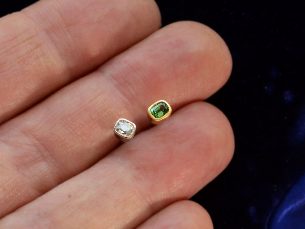  Mismatched EB Modern Diamond and Green Sapphire Stud Earrings (shown on hand for scale)