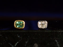 thumbnail of  Mismatched EB Modern Diamond and Green Sapphire Stud Earrings (front view on black background))