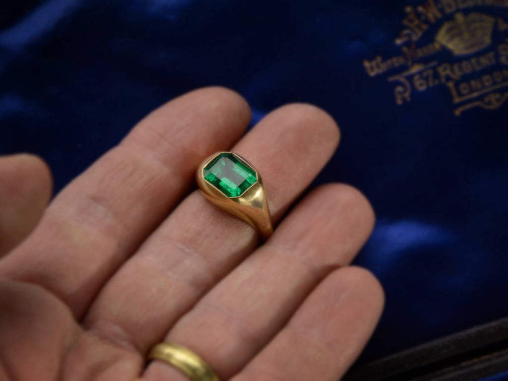 EB 3.64ct Emerald Ring in 22K Yellow Gold (on hand for scale)