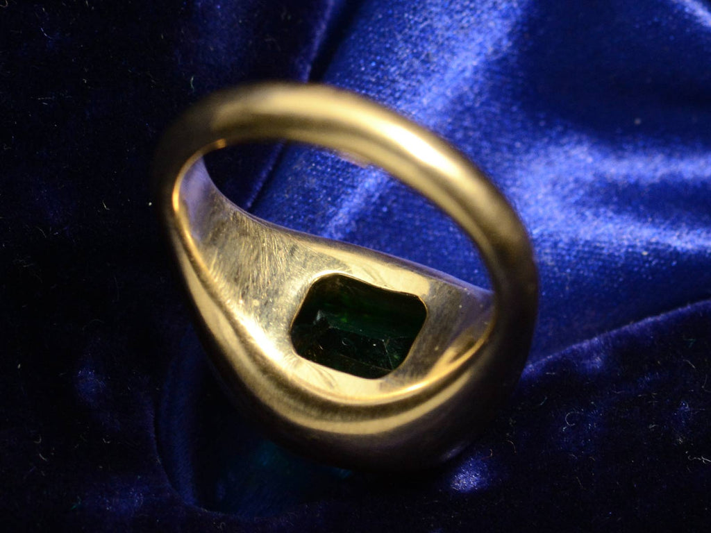 Inside view of EB 3.64ct Emerald Ring in 22K Yellow Gold (on dark blue background)