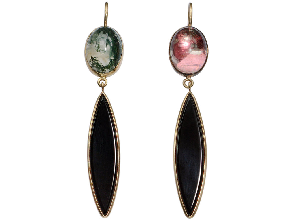 A pair of earrings with mismatched tops of moss agate and pink foiled rock crystal and navette shaped onyx drops, shown on white background.