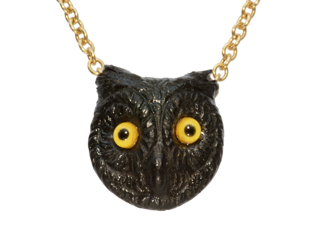 EB Black Glass Owl Pendant Necklace in Yellow Gold (detail on white background)