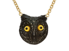 thumbnail of EB Black Glass Owl Pendant Necklace in Yellow Gold (detail on white background)