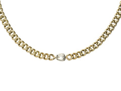 thumbnail of Detail of a curb link yellow gold chain necklace with a platinum bezel set rose cut diamond, shown on white background.