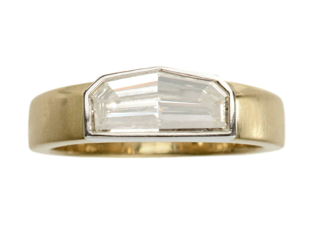 EB Modern Diamond Engagement Ring with an Elongated 1.12ct Step Cut Shield Diamond in a Platinum Bezel with a Wide 18K Yellow Gold Shank (Shown on white background)
