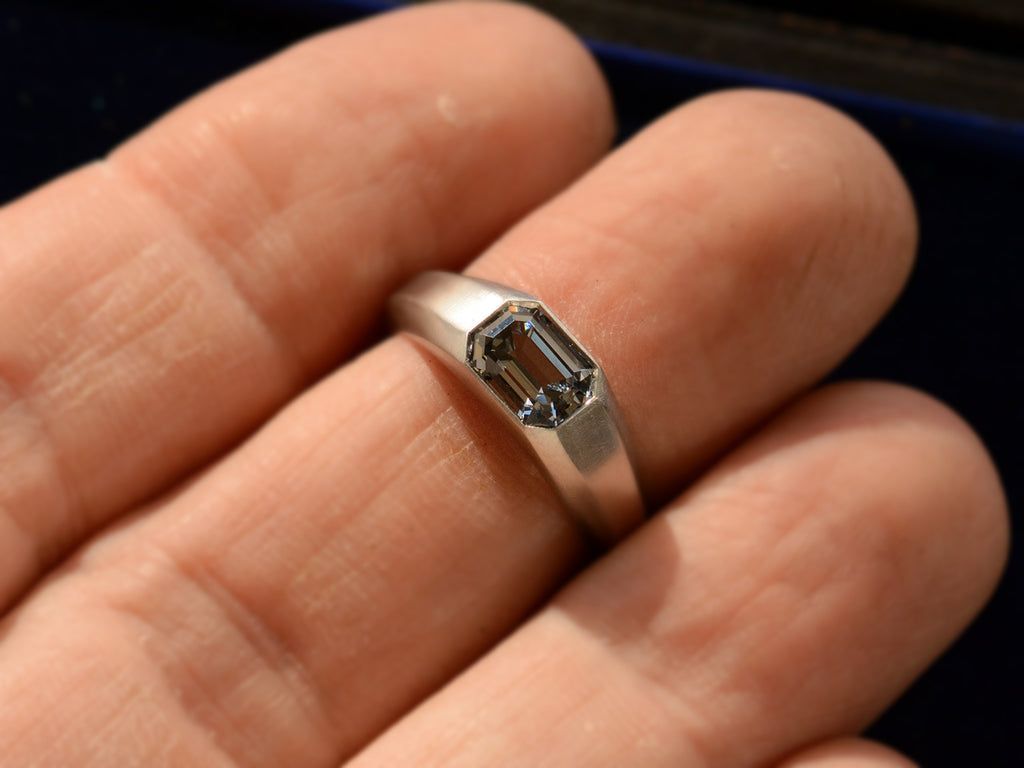 EB Purple Spinel Signet Ring In Platinum (shown on finger for scale)