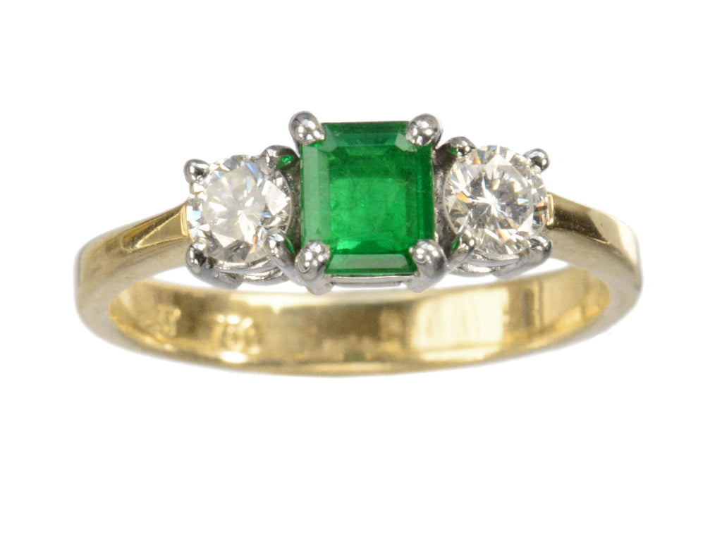 c1980 Emerald & Two Diamond Ring (shown on white background)