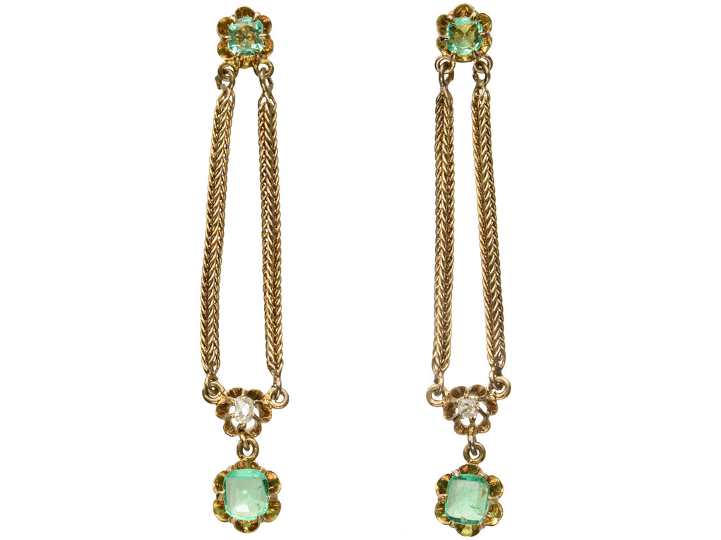 c1900 Emerald and Diamond Drop Earrings in Yellow Gold (shown on white background)