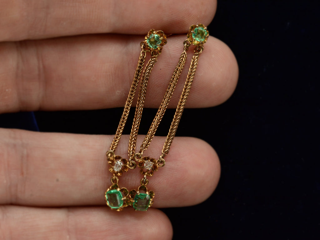 c1900 Emerald and Diamond Drop Earrings in Yellow Gold (shown on hand for scale)