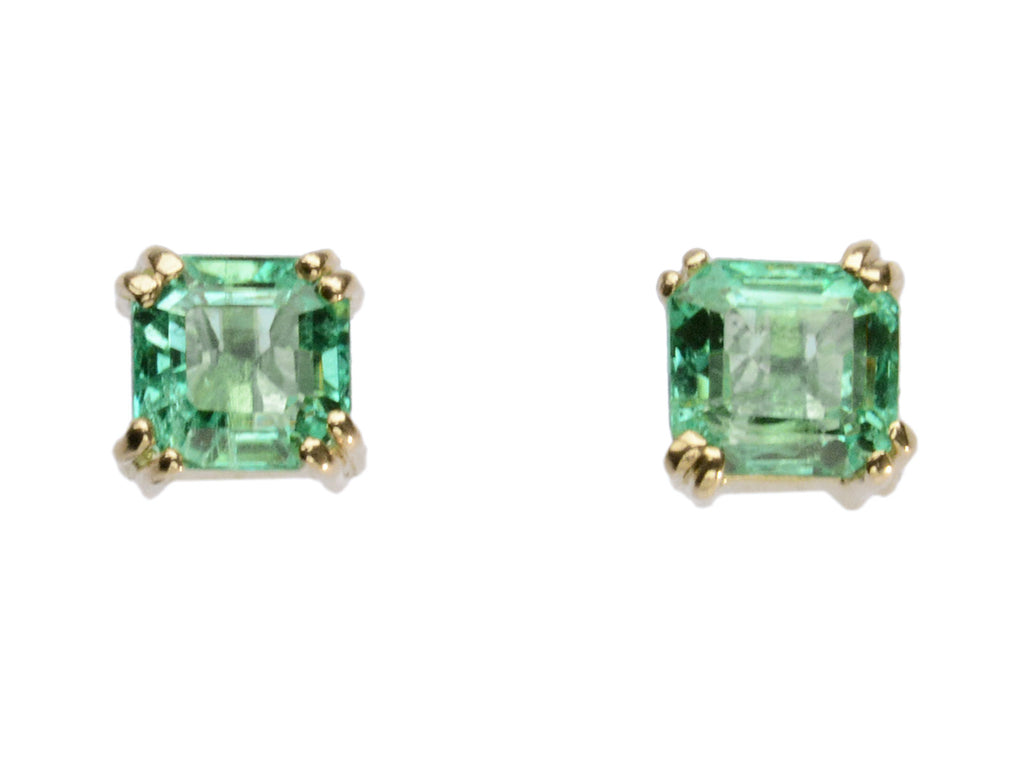 c1980 Colombian Emerald Studs in Yellow Gold (shown on white background)