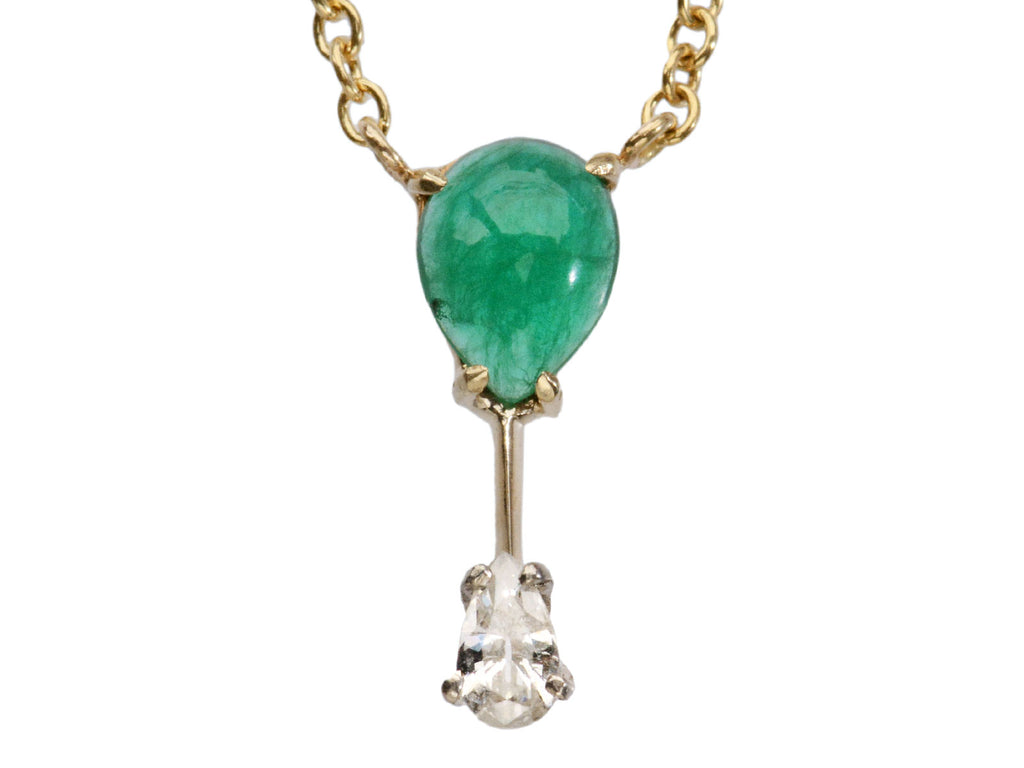 c1950 Pear Shaped Emerald & Diamond Pendant in Yellow Gold (shown on white background)