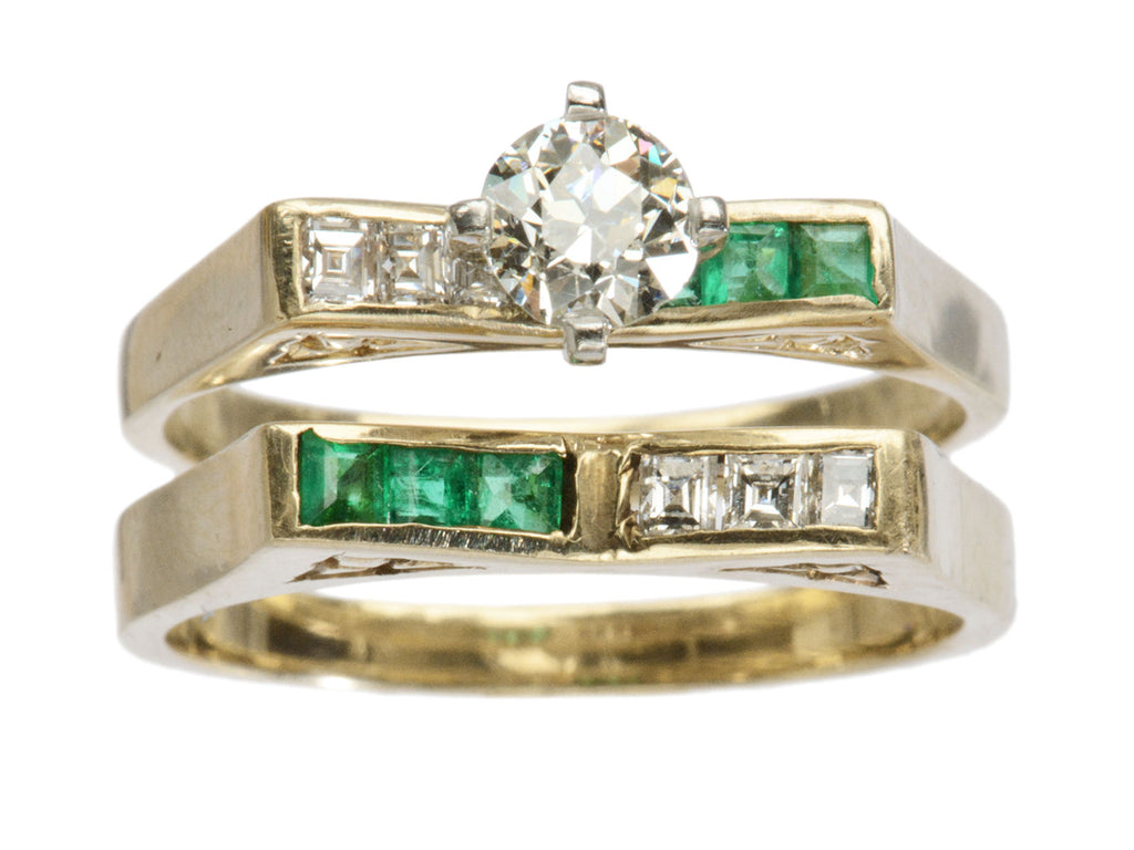 c1980 Diamond and Emeralds Engagement Ring and Band Set in Yellow Gold (shown on white background)