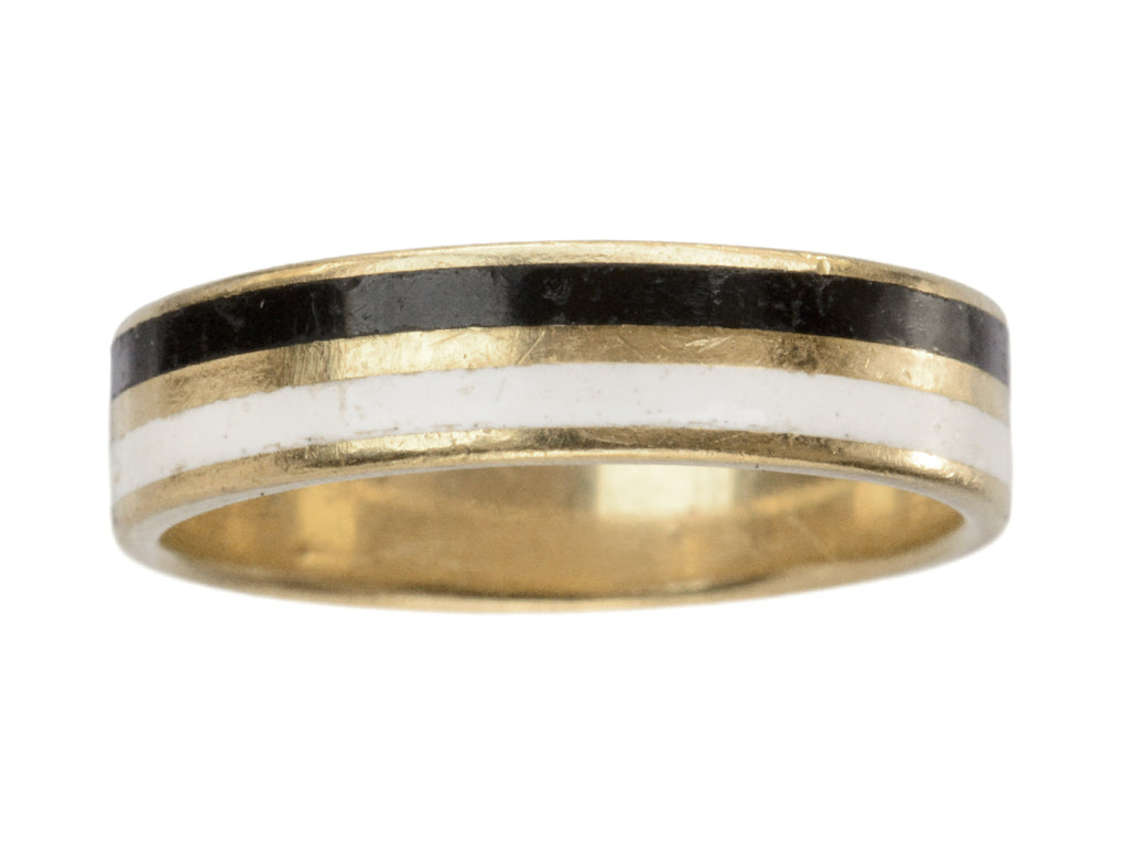 c1980 Enamel Black and White Stripe Band in Yellow Gold (on white background)
