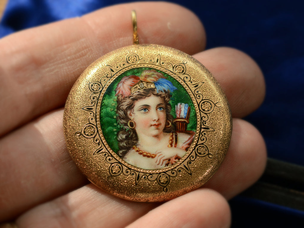 c1870 Enamel Goddess Pendant (on hand for scale)