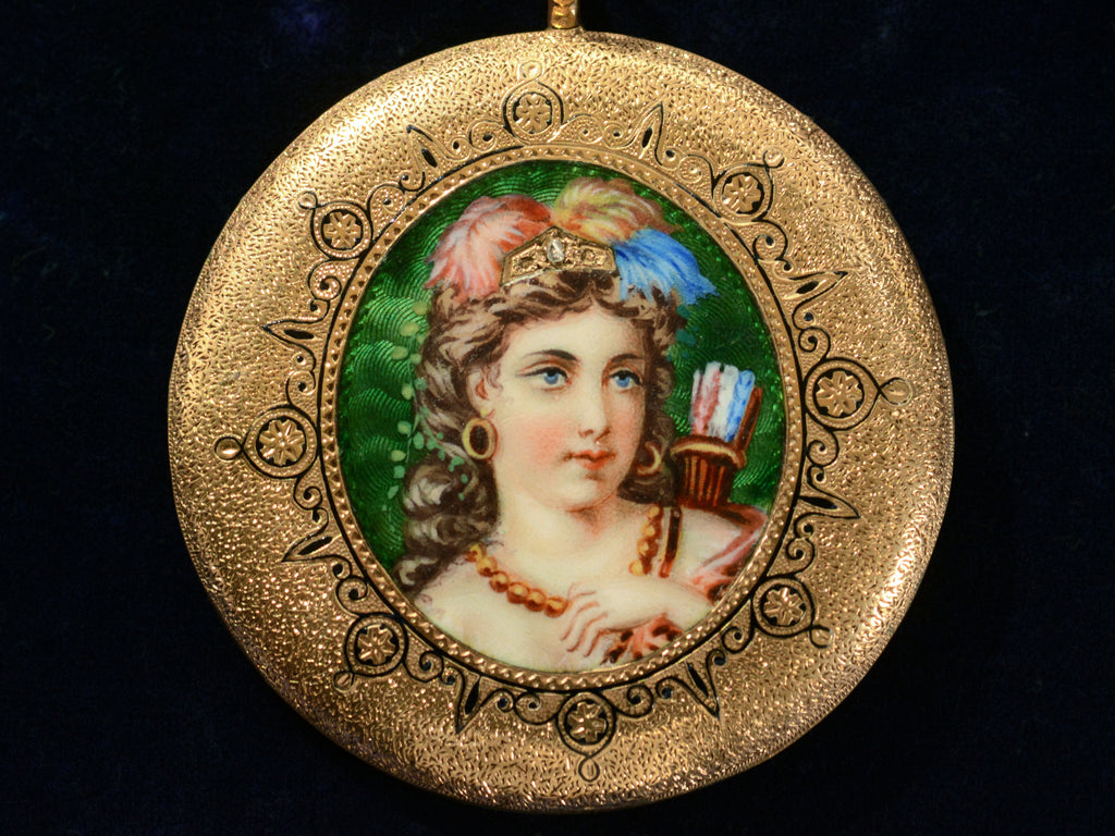 Front view of c1870 Enamel Goddess Pendant (on dark blue background)