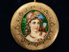 thumbnail of Front view of c1870 Enamel Goddess Pendant (on dark blue background)