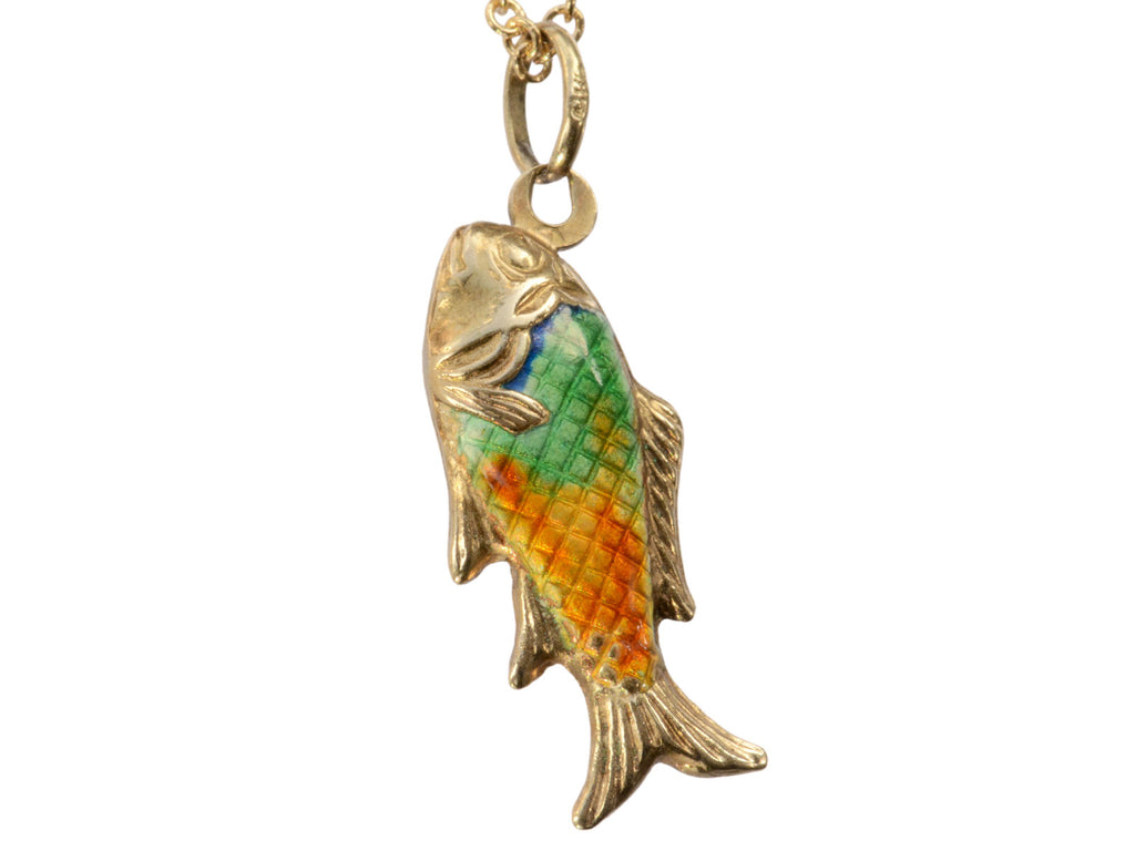 Detail of c1970 Blue, Green and Orange Enamel Fish Pendant in Gold (on white background) 