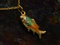 thumbnail of Detail of c1970 Blue, Green and Orange Enamel Fish Pendant in Gold (on dark background) 