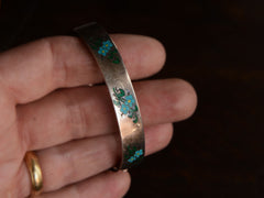 thumbnail of Face on view of c1890 Victorian Silver Bracelet with Blue Enamel Forget Me Not Flowers (shown in hand for scale)
