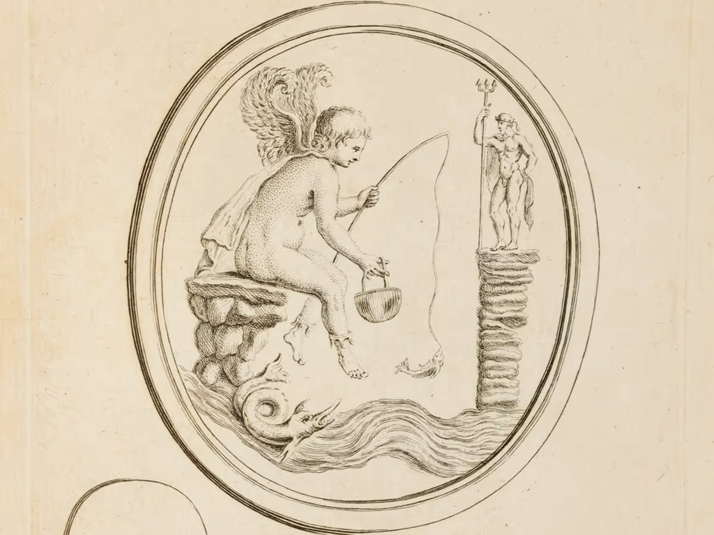 1730 Engraving showing a scene similar to that in the intaglio, with a cupid fishing and Neptune standing in the distance.