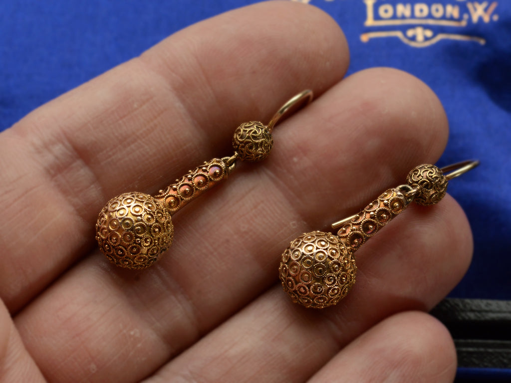 c1880 Etruscan Revival Earrings (on hand for scale)