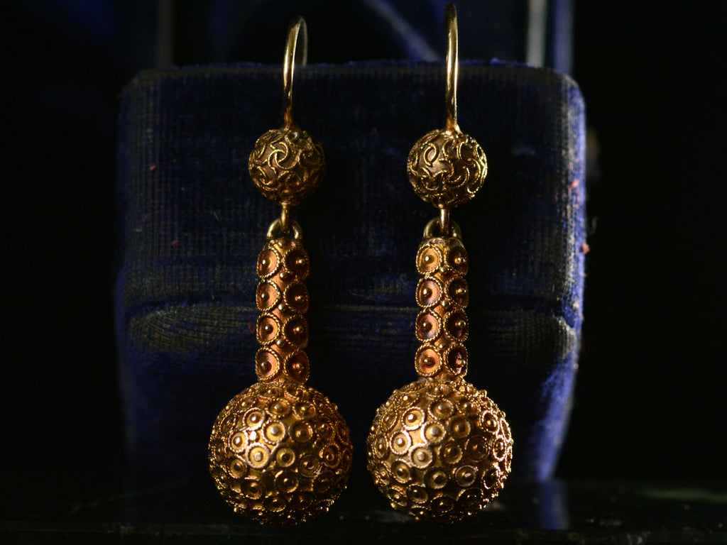 c1880 Etruscan Revival Earrings (detail on dark background)