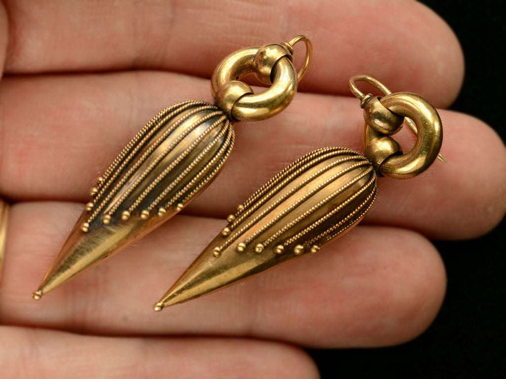 c1880 Etruscan Revival Earrings (on hand for scale)