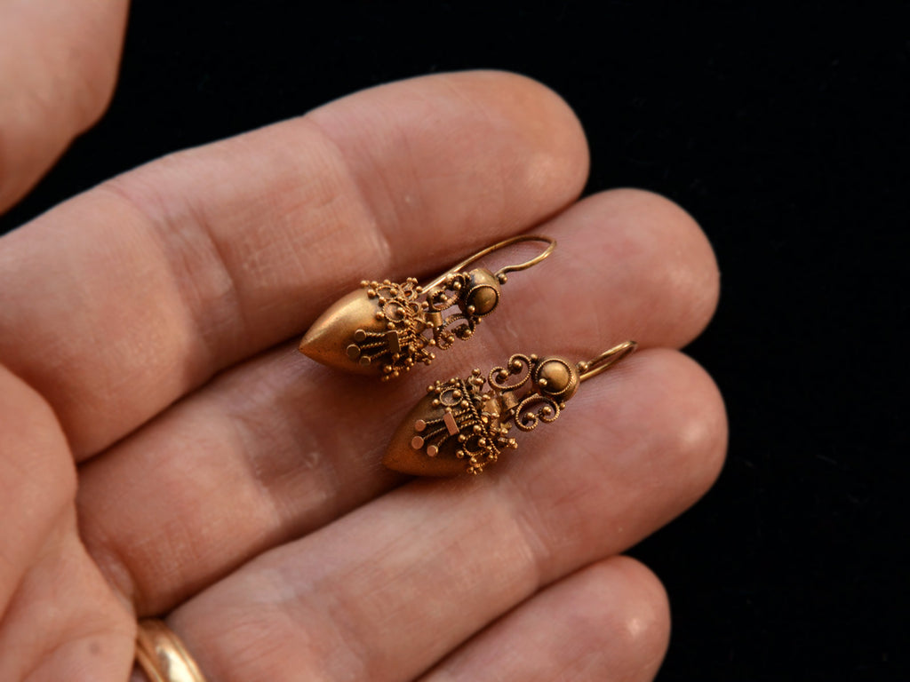 c1880 Etruscan Revival Yellow Gold Urn Earrings (on hand for scale)