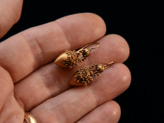 thumbnail of c1880 Etruscan Revival Yellow Gold Urn Earrings (on hand for scale)