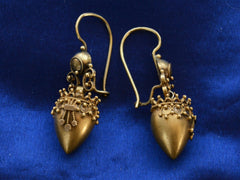 thumbnail of Side angle view of c1880 Etruscan Revival Yellow Gold Urn Earrings (on dark blue background)