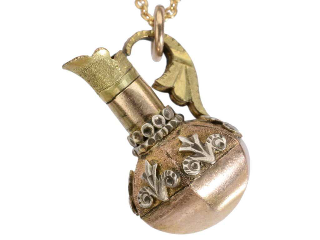 c1900 Turkish Ewer Pendant with Silver and Rose and Green Gold Details. Shown on white background.