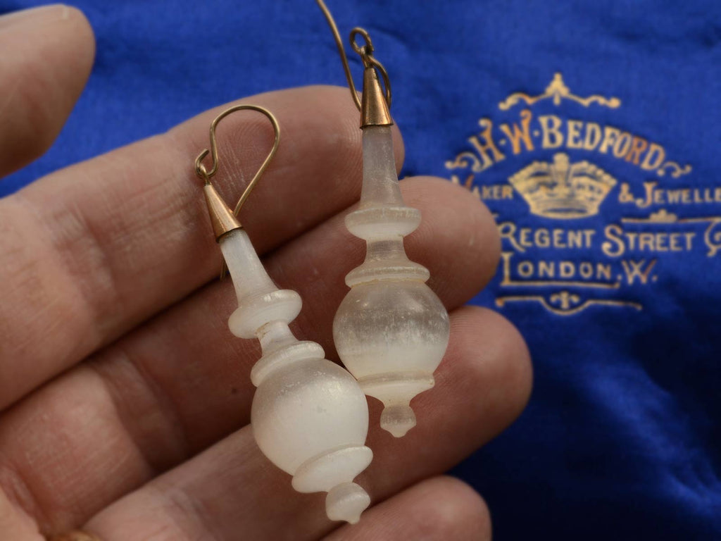 c1860 Victorian White Feldspar Earrings (on hand for scale)