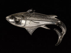 thumbnail of Reverse side of c1950 Silver Fish Brooch (on dark background). "STERLING" stamp partially visible