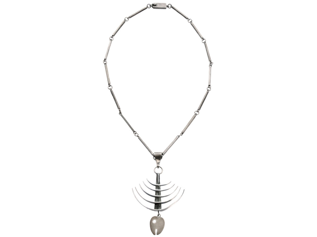 c1970 Silver Fish Skeleton Necklace (shown on white background)