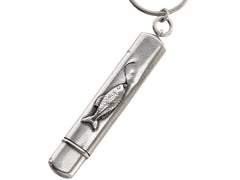 thumbnail of Detail of silver pendant with fish decoration, shown on white background.