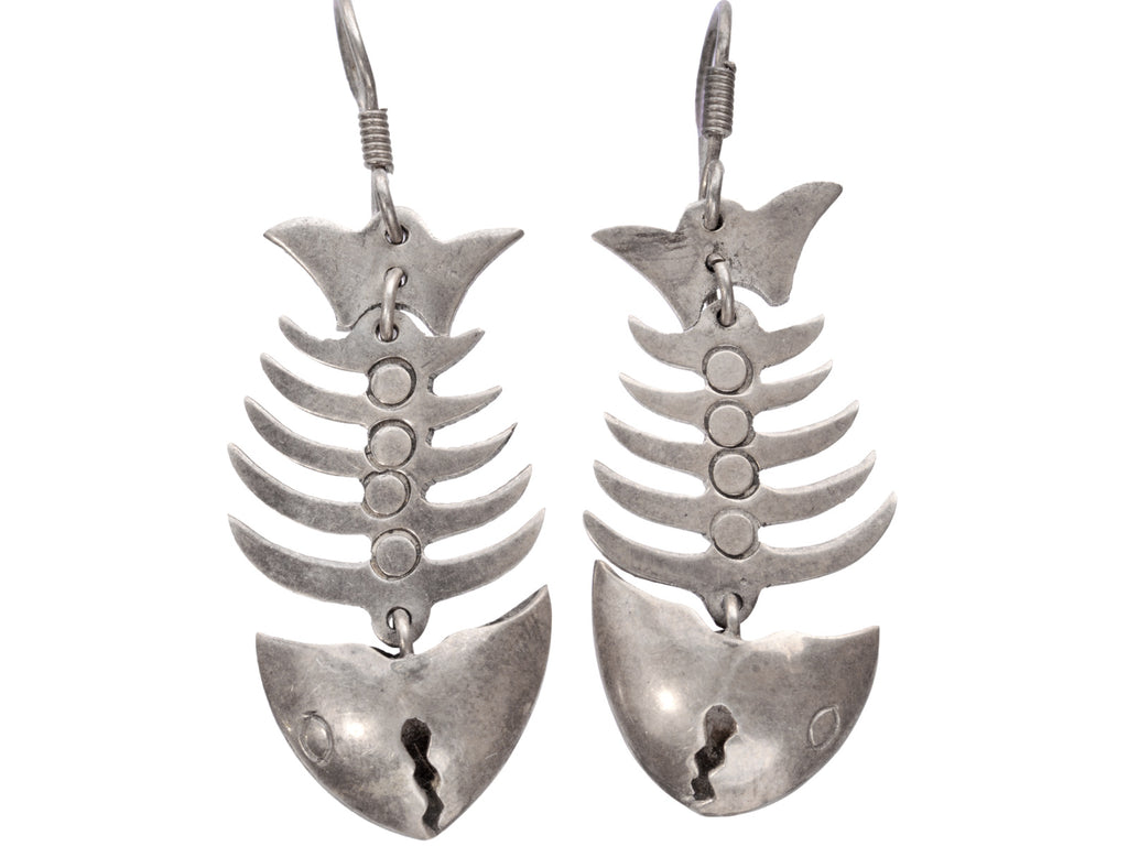 c1980 Silver Fish Skeleton Earrings (on white background)
