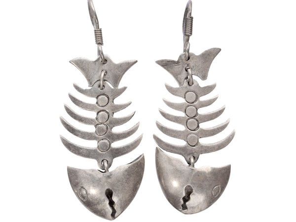 c1980 Silver Fish Skeleton Earrings (on white background)