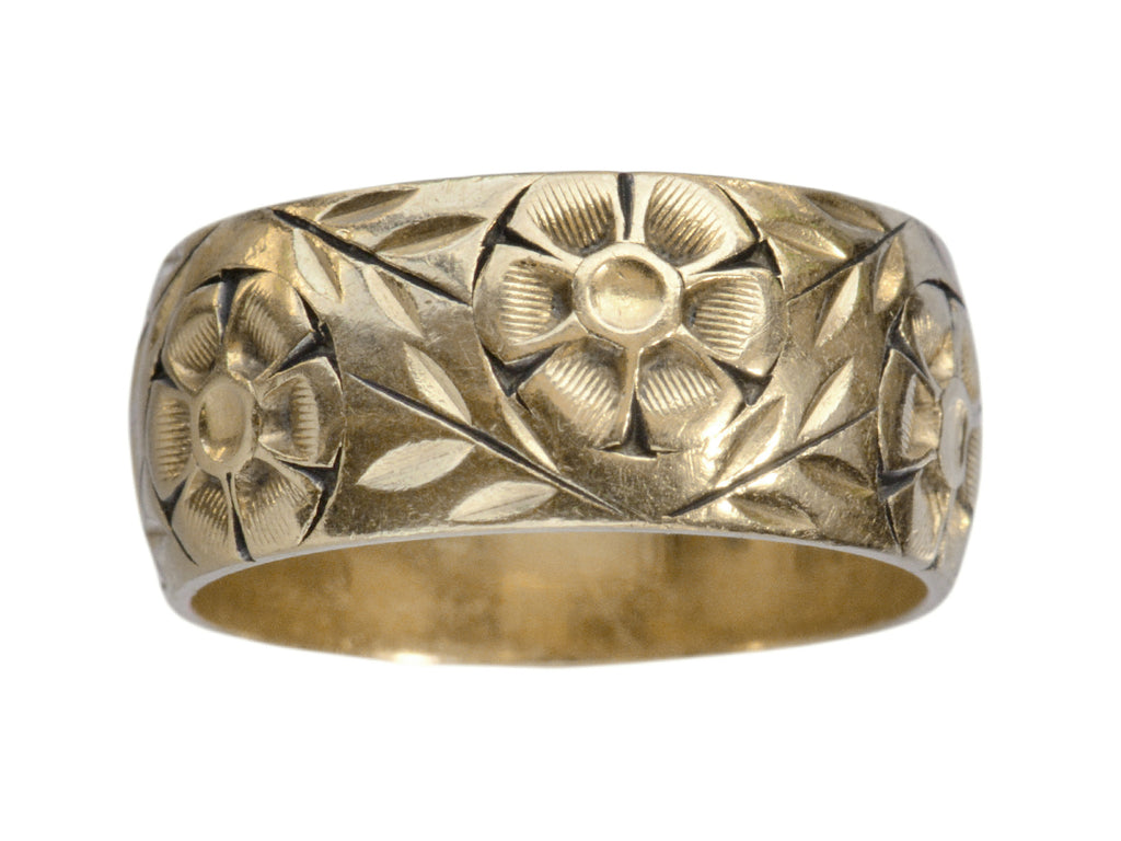 Front view of c1930 Wide Floral Band in Yellow Gold (on white background)